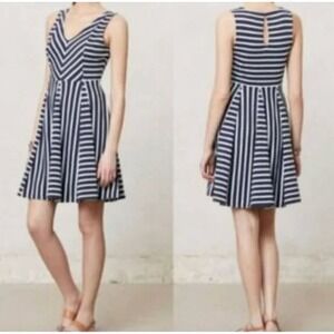 Anthropologie Sz S Saturday Sunday Striped Fit and Flare Dress Navy Mint V-Neck